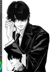  1boy art_program_in_frame bags_under_eyes chainsaw_man closed_mouth dress_shirt ear_piercing greyscale hand_in_own_hair highres jacket male_focus mole mole_under_mouth monochrome multiple_piercings necktie piercing reference_inset shirt short_hair simple_background solo suit suit_jacket th3kph0enix upper_body white_background yoshida_hirofumi 