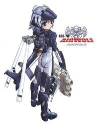  airwolf airwolf_(helicopter) ass blue_eyes blush character_name helicopter lavender_hair light_smile looking_back mecha_musume original simple_background solo soukaa_(golden_sash) title_drop weapon 