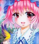  bad_id butterfly hat japanese_clothes lips open_mouth pink_hair qqqrinkappp red_eyes saigyouji_yuyuko short_hair smile solo touhou traditional_media triangular_headpiece watercolor_pencil_(medium) 