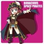  :d belt blue_eyes cape cravat epaulettes hair_ornament hairclip hat hat_feather katou_marika loafers long_hair miniskirt_pirates netachou open_mouth pink_hair pirate pirate_hat rapier shoes skirt skull_and_crossbones smile solo sword title_drop weapon 