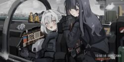  4girls absurdres aircraft black_hair cityscape cockpit commentary english_commentary english_text flight_suit hair_ornament hairclip highres looking_at_another military_base military_uniform multiple_girls original renakohii white_hair 