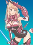  :&lt; blonde_hair bodysuit breasts cleavage copyright_notice gradient gradient_background green_eyes gun holding junketsu_duelion junketsu_duelion long_hair mecha_musume milva_fredman official_art original remana robot_ears solo thigh-highs thighhighs translated watermark weapon 