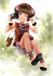  ankle_lace-up bag bangs blue_eyes blunt_bangs braid brown_hair camera cross-laced_footwear double_bun french_braid hair_ornament hat heart meago no_socks original purse short_hair shorts signature slippers smile solo star stuffed_animal stuffed_toy teddy_bear wink wristband 