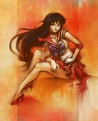  2009 bishoujo_senshi_sailor_moon black_hair blue_eyes bow choker elbow_gloves gloves hand_on_hip high_heels hino_rei hips jennie_halen legs long_hair orange_(color) orange_background sailor_collar sailor_mars shoes signature sitting skirt smile solo star tiara watermark web_address 