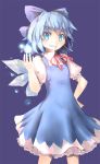  blue_background blue_dress blue_eyes blue_hair cirno clenched_teeth culter dress grin hair_ornament hair_ribbon hand_on_hip hips ice ice_wings ribbon short_hair smile solo touhou wings 