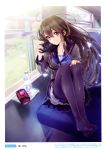  1girl black_legwear bottle brown_eyes brown_hair camera color_issue copyright_request feet female hands highres no_shoes pantyhose scan school_uniform serafuku sitting smile solo train train_interior water_bottle yuugen 