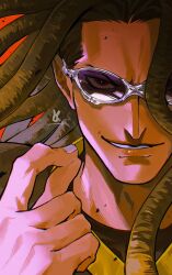  1boy brown_eyes brown_hair commentary_request dreadlocks eyeshield_21 grey-framed_eyewear highres kongou_agon long_hair looking_at_viewer male_focus orange_background parted_lips signature solo straight-on sunglasses tinted_eyewear vasan5555 