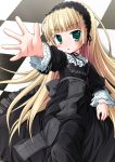  bangs black_dress blonde_hair checkered checkered_background dress gosick gothic_lolita green_eyes hairband lolita_fashion long_hair looking_at_viewer natsuhime_yuran outstretched_hand solo victorica_de_blois 