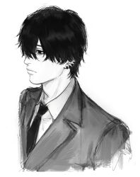  1boy absurdres chainsaw_man closed_mouth cropped_torso dress_shirt ear_piercing expressionless greyscale highres jacket lips looking_ahead male_focus monochrome multiple_piercings necktie nose piercing shirt short_hair simple_background solo suit suit_jacket th3kph0enix white_background yoshida_hirofumi 
