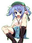  :d bike_shorts blue_eyes blue_hair boots cross-laced_footwear fangs gloves hair_bobbles hair_ornament hat holding jacket_around_waist kawashiro_nitori key knee_boots lace-up_boots open_mouth outline shamo_(koumakantv) simple_background single_glove sitting skirt smile solo tank_top touhou twintails white_background wrench 