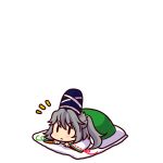  chibi futon hat hat_ribbon japanese_clothes kariginu lying mononobe_no_futo on_stomach ponytail pun ribbon silver_hair socha solo touhou |_| 