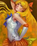  aino_minako arm_up armpits bishoujo_senshi_sailor_moon blonde_hair blue_eyes bow brown_background earrings elbow_gloves faux_traditional_media gloves hair_bow half_updo hand_on_hip hips jewelry k-bose lips long_hair magical_girl pleated_skirt realistic sailor_venus shiny skirt sleeveless solo very_long_hair 