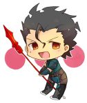  :d ahoge black_hair brown_eyes chibi fate/zero fate_(series) gae_dearg lancer_(fate/zero) male mole open_mouth polearm siho simple_background smile solo spear weapon white_background 