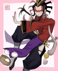  1boy alternate_costume black_pants black_shoes brown_eyes brown_hair clothing_cutout clothing_request dumpling earrings food hip_vent jewelry ku_m35 looking_at_viewer pants pelvic_curtain red_shirt shirt shoes socks solo tsuchigumo_(youkai_watch) white_socks youkai_(youkai_watch) youkai_watch 
