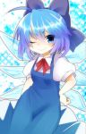  ahoge bad_id blue_eyes blue_hair bow cirno dress hair_bow hand_on_hip hips jumper mofuaki_(yoshiaki) short_hair smile solo touhou wings wink yoshiaki@aa 