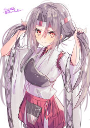  1girl absurdres alternate_hairstyle blush breasts brown_eyes brown_hair grey_hair hair_between_eyes hair_ribbon hakama hakama_shorts headband high_ponytail highres hizaka japanese_clothes kantai_collection long_hair long_sleeves looking_at_viewer muneate one-hour_drawing_challenge ponytail red_shorts ribbon shorts smile solo twintails white_background zuihou_(kancolle) 
