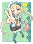  azumakuro blonde_hair blue_legwear bow brown_eyes character_name futaba_anzu hat idolmaster idolmaster_cinderella_girls jewelry long_hair moroboshi_kirari necktie open_mouth ribbon smile solo star stuffed_animal stuffed_bunny stuffed_toy thigh-highs thighhighs twintails v very_long_hair 