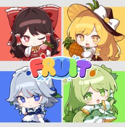  4girls :d alternate_costume apron blonde_hair blue_dress blue_eyes blueberry bow bowtie braid brown_hair brown_hat brown_skirt chibi chibi_only closed_mouth commentary_request detached_sleeves dress english_text fake_transparency food food-themed_hair_ornament frilled_bow frilled_hair_tubes frills frog_hair_ornament fruit fruit_hair_ornament full_body green_bow green_eyes green_hair green_skirt grey_hair hair_bow hair_ornament hair_tubes hakurei_reimu hat hat_bow highres izayoi_sakuya kirisame_marisa kochiya_sanae korean_commentary long_hair long_sleeves looking_at_viewer maid maid_headdress melon multiple_girls one_eye_closed open_mouth pineapple red_bow red_eyes red_skirt sarukana single_hair_tube skirt skirt_set sleeves_past_fingers sleeves_past_wrists smile snake_hair_ornament strawberry touhou twin_braids very_long_hair waist_apron white_apron white_bow yellow_bow yellow_bowtie yellow_eyes 