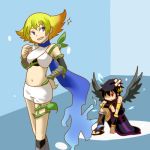  1boy 1girl angel black_hair blonde_hair blue_eyes dark_pit electricity kid_icarus kid_icarus_uprising lowres nintendo phosphora red_eyes scarf short_hair tunic wings wreath 