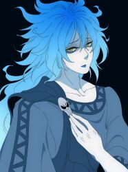  1boy blue_hair blue_lips commentary_request eyeshadow fiery_hair hades_(disney) hair_between_eyes hercules_(1997_movie) highres idia_shroud kurage3dayo long_hair looking_at_viewer makeup male_focus shirt short_hair simple_background solo twisted_wonderland upper_body yellow_eyes 
