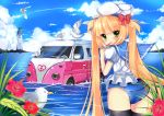  back bird blonde blonde_hair blush bow car cloud clouds duji_amo flower green_eyes hair_bow hat high_res highres holding lighthouse lollipop long_hair looking_at_viewer looking_back mizugi motor_vehicle no_pants ocean one-piece one-piece_swimsuit original partially_submerged plant popsicle sailor_hat school_swimsuit school_uniform seagull serafuku sky solo sucker sukumizu swimsuit swimsuit_under_clothes thighhighs twintails van vehicle very_long_hair water wet 