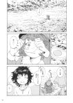  animal_ears backpack bag bunny_ears carrot closed_eyes comic constricted_pupils dilated_pupils eyes_closed hat highres inaba_tewi jewelry kawashiro_nitori monochrome multiple_girls necklace rabbit_ears river sitting smile totaku_(musha_prune) touhou tozawa translation_request 