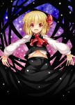  :d blonde_hair fang hair_ribbon highres ken123456 midriff navel open_mouth outstretched_arms red_eyes ribbon rumia short_hair skirt skirt_set smile solo spread_arms touhou youkai 