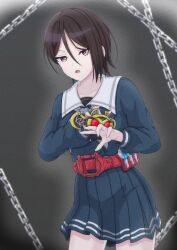  1girl a5hio absurdres bang_dream! black_hair blue_shirt blue_skirt chain commentary_request cowboy_shot crossover fuestle grey_neckerchief hair_between_eyes henshin_pose highres holding kamen_rider kamen_rider_kiva_(series) kivat-bat_iii looking_at_viewer neckerchief open_mouth pleated_skirt red_eyes rider_belt sailor_collar school_uniform shirt skirt tokusatsu tsukinomori_school_uniform white_sailor_collar yashio_rui 