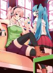  aqua_eyes aqua_hair bandaid black_legwear blue_eyes candy digital_media_player hatsune_miku headphones highres lollipop long_hair megurine_luka multiple_girls nuko_(mikupantu) pink_hair ponytail thigh-highs thighhighs twintails vocaloid 