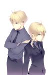 1girl absurdres ahoge blonde_hair blue_eyes crossed_arms dual_persona fate/prototype fate/zero fate_(series) formal highres liang long_hair necktie pant_suit ponytail saber saber_(fate/prototype) suit 