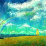  bad_id bear cloud clouds grass landscape nomiya nomiya_(no_38) original rainbow raincoat scenery sky solo walking 