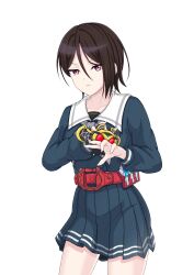 1girl a5hio absurdres bang_dream! black_hair blue_shirt blue_skirt closed_mouth commentary_request cowboy_shot crossover fuestle grey_neckerchief hair_between_eyes henshin_pose highres holding kamen_rider kamen_rider_kiva_(series) kivat-bat_iii looking_at_viewer neckerchief pleated_skirt red_eyes rider_belt sailor_collar school_uniform shirt skirt tokusatsu transparent_background tsukinomori_school_uniform white_sailor_collar yashio_rui 