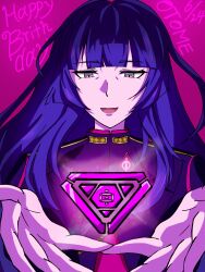  1girl absurdres birthday black_capelet blunt_bangs capelet character_name contrast_lapels happy_birthday highres hime_cut hypnosis_mic kotonohatoh_uniform lapels long_hair long_sleeves looking_down medallion open_mouth pink_background solo tohoten_otome 