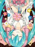  aqua_hair ayame_(3103942) closed_eyes eyes_closed flower frills hair_ribbon hands_clasped hatsune_miku head_tilt long_hair melt_(vocaloid) ribbon smile solo twintails upside-down vocaloid 