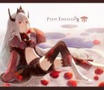  boots flower horns knee_boots long_hair midriff navel p0ckylo pixiv_fantasia pixiv_fantasia_sword_regalia red_eyes rose sitting sleeves_past_wrists solo thigh-highs thighhighs white_hair 