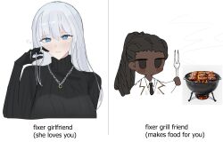  1boy 1girl absurdres angelica_(project_moon) barbecue_fork black_gloves blue_eyes brown_eyes cami_(surtrcel) cat_grill_friend_(meme) closed_mouth commentary cooking dark-skinned_male dark_skin dreadlocks fork gloves grill grilling hand_up high_ponytail highres jewelry library_of_ruina looking_at_viewer meme necklace olivier_(project_moon) ponytail project_moon simple_background smile smoke white_background 