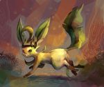  ahoge bespectacled black_ribbon bow brown_eyes bush butterfly creature full_body glasses grass hair_ribbon headband highres huge_ahoge leaf leafeon looking_at_viewer no_humans pokemon pokemon_(creature) purplekecleon ribbon running solo tree 