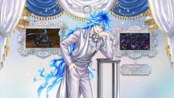  1boy blue_hair blue_lips fiery_hair hades_(disney) hercules_(1997_movie) highres hydra idia_shroud jacket long_hair long_sleeves looking_at_viewer male_focus multiple_boys official_art sharp_teeth simple_background solo teeth third-party_source twisted_wonderland yellow_eyes 