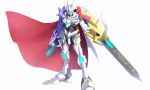  armor blue_eyes cape claws digimon digimon_x-evolution epic glowing glowing_eyes horns lauqe no_humans omegamon_x solo spikes sword weapon 