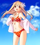  :d bikini blush breasts brown_hair cleavage cloud front-tie_top hair_ornament jacket long_hair mucha navel open_clothes open_jacket open_mouth original piyodera_mucha polka_dot polka_dot_swimsuit red_eyes sky smile solo swimsuit 