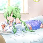  :3 arm_support bare_shoulders bed bedroom breasts cleavage detached_sleeves frog frog_hair_ornament fueiku green_eyes green_hair hair_ornament indoors kochiya_sanae large_breasts long_hair looking_at_viewer manga manga_(object) mouth_hold on_stomach pocky snake solo touhou 