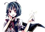  antennae bust cape green_hair hand_on_own_cheek index_finger_raised looking_at_viewer open_mouth pointing pointing_up raised_finger red_eyes shirt short_hair smile solo touhou vest wriggle_nightbug yoshinaga_p 