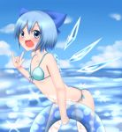  \m/ bare_shoulders bikini blue blue_eyes blue_hair blush bow cirno cloud clouds collarbone flat_chest hair_bow highres ice ice_wings innertube leaning_forward myanon_(r-tone) ocean open_mouth short_hair side-tie_bikini sky solo sparkle summer swimsuit touhou transparent wings 