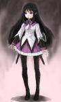  akemi_homura black_hair black_legwear hairband jpeg_artifacts long_hair magical_girl mahou_shoujo_madoka_magica pantyhose pon purple_eyes shield skirt solo violet_eyes 