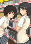  amagami beer black_hair blush bob_cut brown_eyes brown_hair can drink drinking grin holding leaning_forward looking_back multiple_girls murasaki_iro nanasaki_ai school_uniform short_hair skirt smile sweater_vest tachibana_miya wink yebisu 