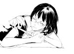  black_hair cigarette copyright_request glasses gun handgun highres lying monochrome mouth_hold rimless_glasses rough short_hair simple_background solo takeshima_satoshi weapon 