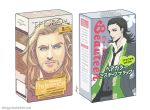  avengers black_hair blonde_hair brand_name_imitation brothers commentary facial_hair formal loki_(marvel) long_hair marvel merchandise moogie multiple_boys necktie parody pun siblings stubble suit thor_(marvel) translated 