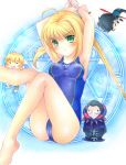  3boys blonde_hair caster_(fate/zero) character_request chibi competition_swimsuit fate/zero fate_(series) gilgamesh green_eyes lancer_(fate/zero) long_hair magic_circle multiple_boys one-piece_swimsuit saber shinai shinonome86 swimsuit sword traditional_media weapon 