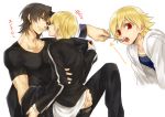  3boys adult blonde_hair brown_eyes brown_hair child_gilgamesh dual_persona fate/hollow_ataraxia fate/stay_night fate_(series) feeding gilgamesh kotomine_kirei male multiple_boys red_eyes xia_(ryugo) young 