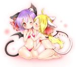  animal_ears ass bat_wings bikini blonde_hair blush cat_ears cat_tail cheek_kiss closed_eyes clown_222 eyes_closed flandre_scarlet hair_ribbon hand_holding holding_hands kemonomimi_mode kiss multiple_girls navel pink_bikini polka_dot polka_dot_bikini polka_dot_swimsuit purple_hair red_eyes remilia_scarlet ribbon short_hair siblings side_ponytail sisters sitting swimsuit tail thong_bikini touhou wings wink 